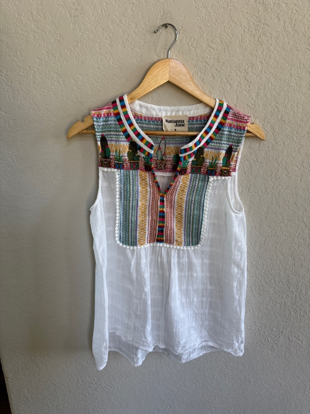 Savanna Jane White Sleeveless Top with Multicolor Embroidered Yoke